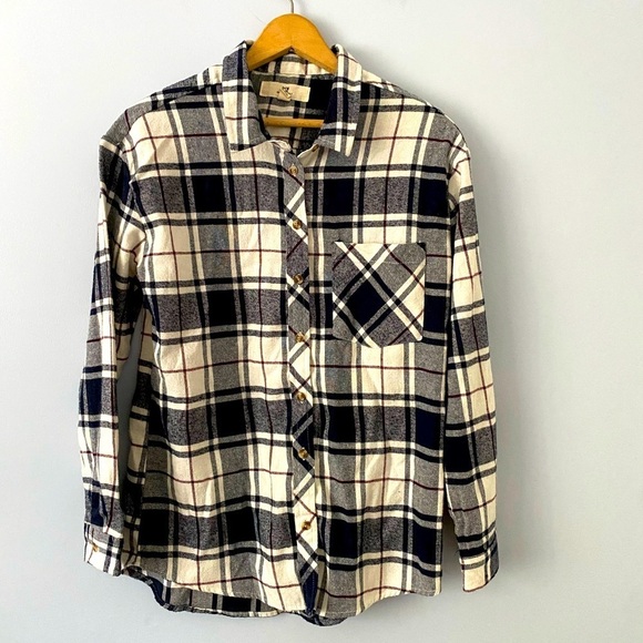 Thread and Supply Womens Sz Small Plaid Flannel Button Down Shirt Navy Burgundy - Picture 1 of 7